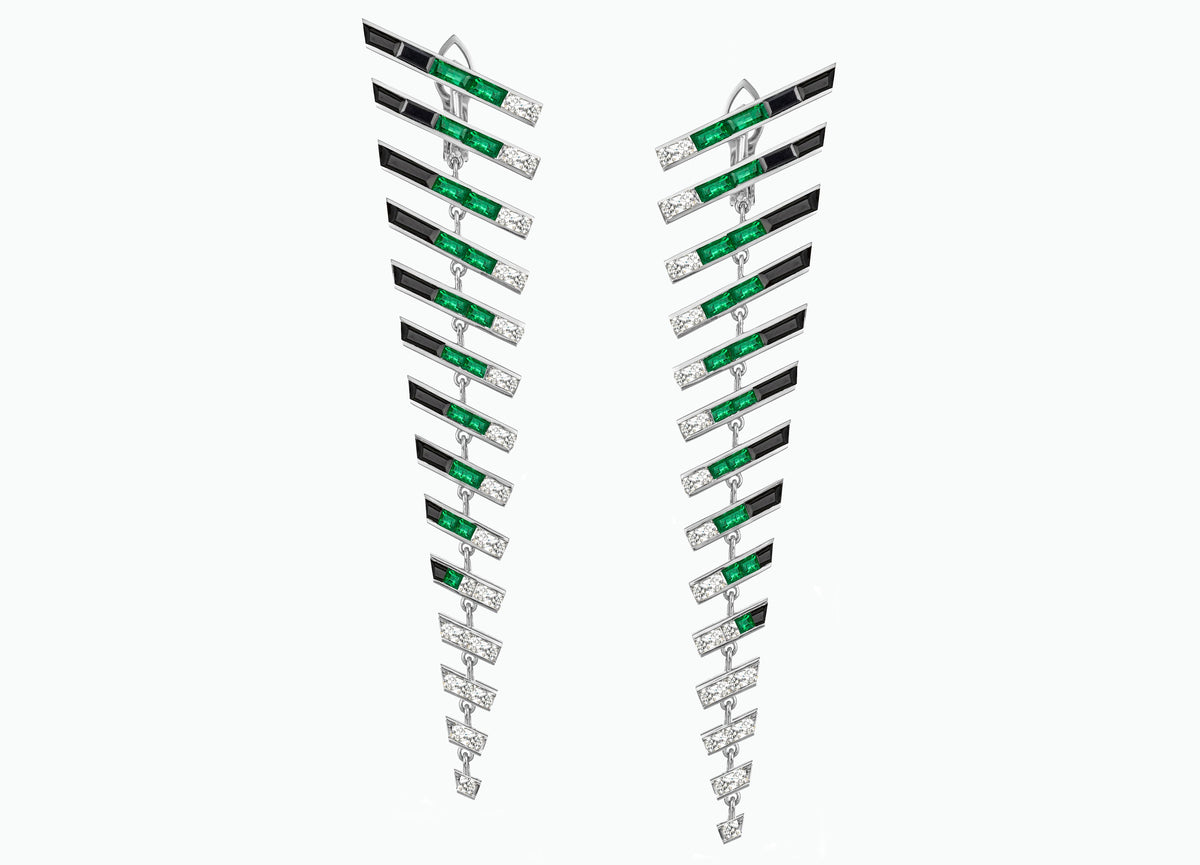 ELECTRIC NIGHT DIAMOND AND EMERALD BLADE RUNNER DROP EARRINGS