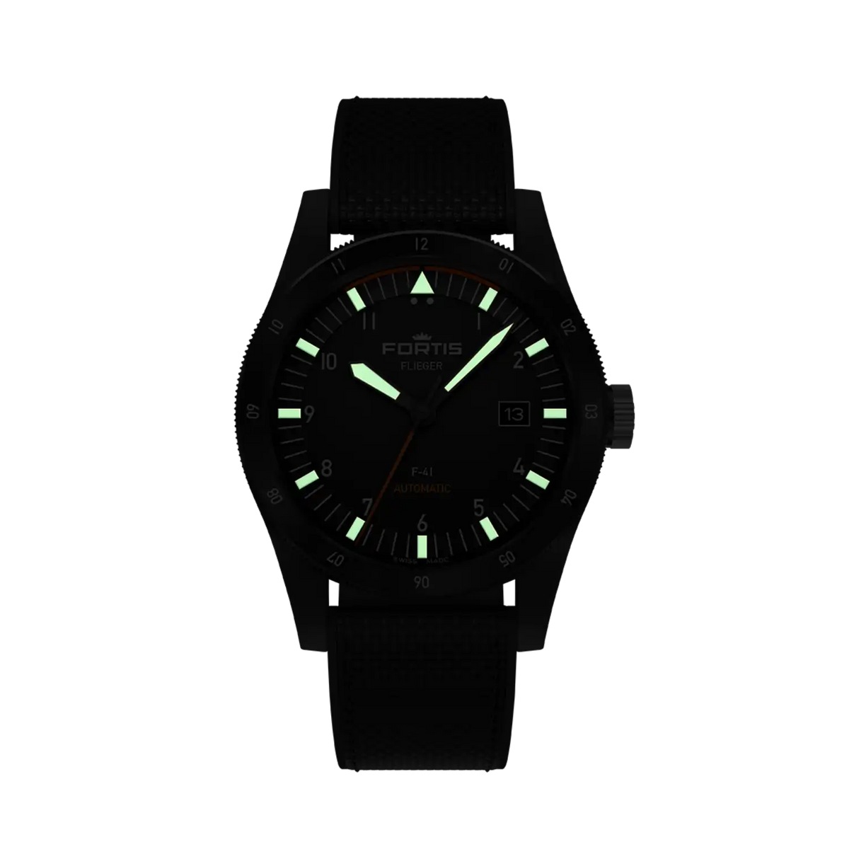 FORTIS Flieger F-41 Werk 7 Mission Black on Hybrid Strap — manufacturer detail 1