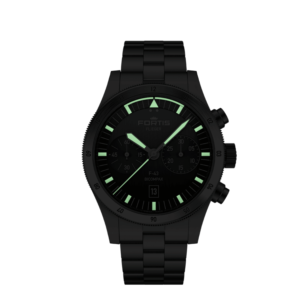 FORTIS Flieger F-43 Bicompax Black on Block Bracelet — manufacturer detail 2