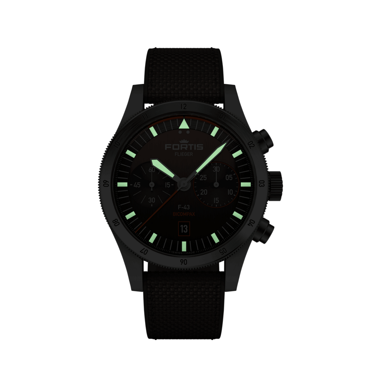 FORTIS Flieger F-43 Bicompax Fratello Capsule Edition on Hybrid Strap — manufacturer detail 1