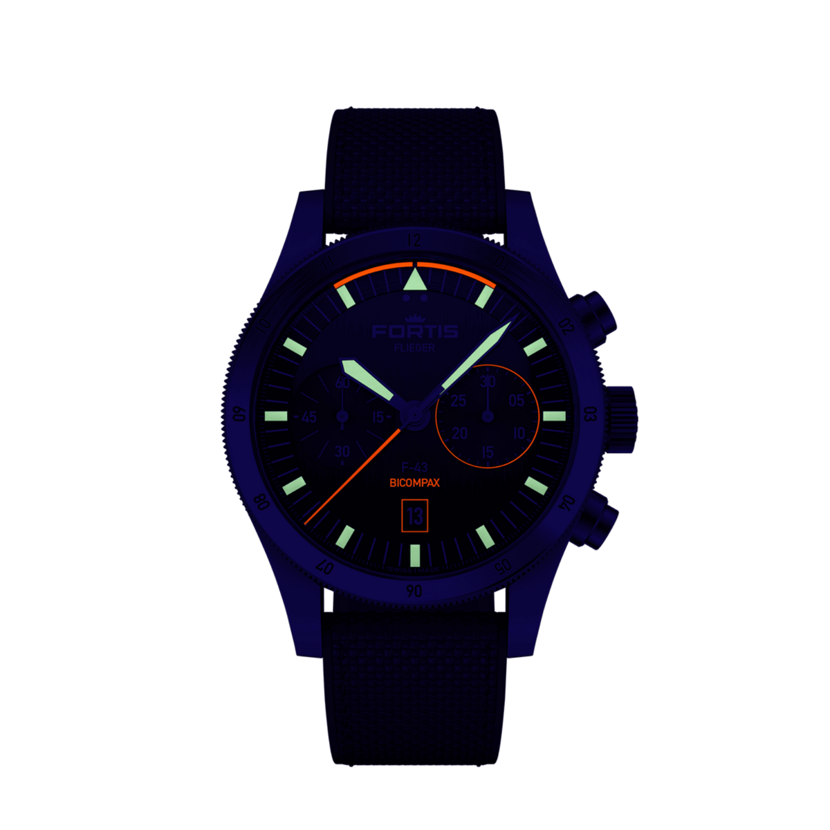 FORTIS Flieger F-43 Bicompax Fratello Capsule Edition on Hybrid Strap — manufacturer detail 2
