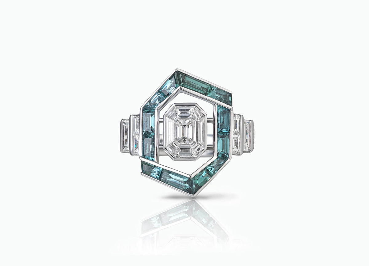 INVISIBLE SET DIAMOND AND TOURMALINE ENGAGEMENT RING