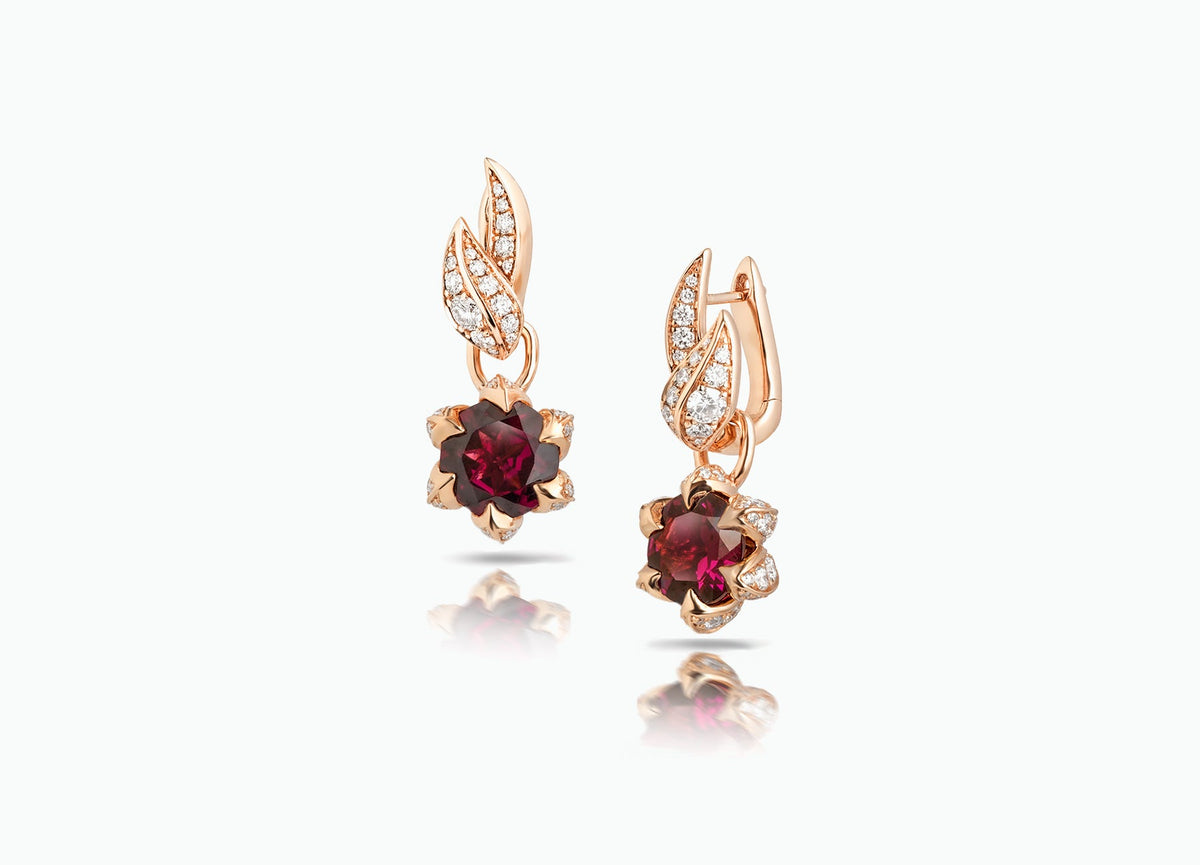 RHODOLITE LILY PAD AND DIAMOND EARRINGS