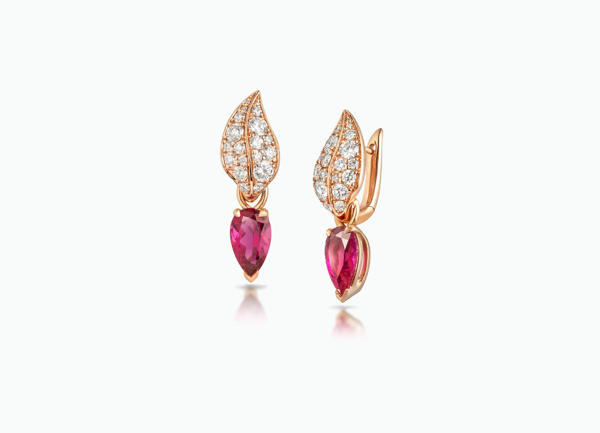 LILY PAD LEAF STUD EARRINGS WITH RUBELLITE TOURMALINE DROPS