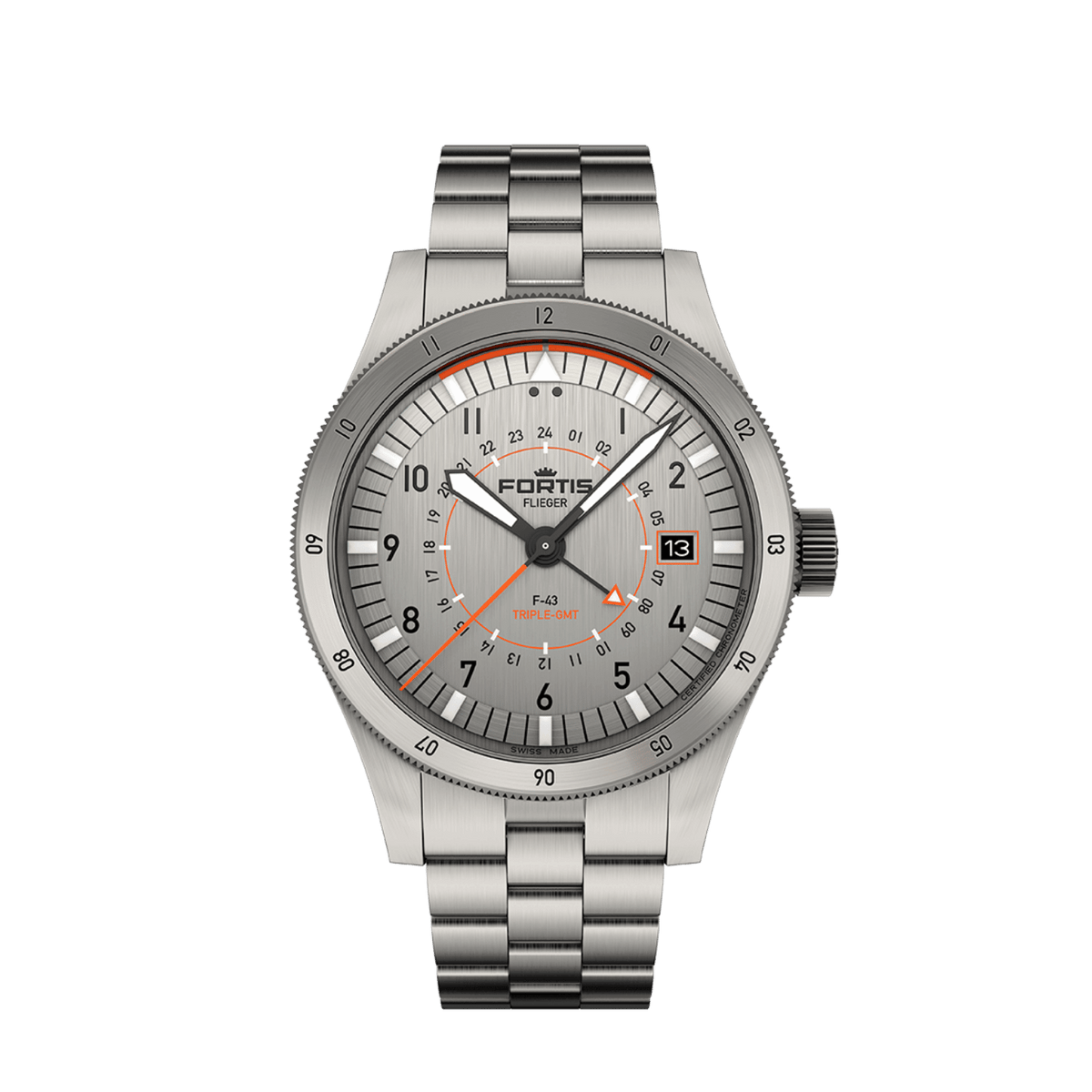 Flieger F-43 Triple-GMT Titanium Orange / Block Bracelet