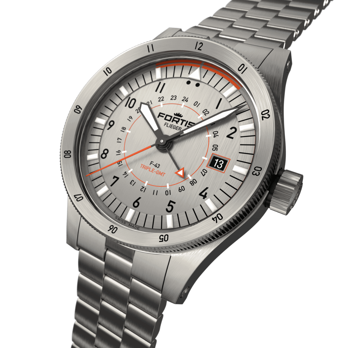 Flieger F-43 Triple-GMT Titanium Orange / Block Bracelet
