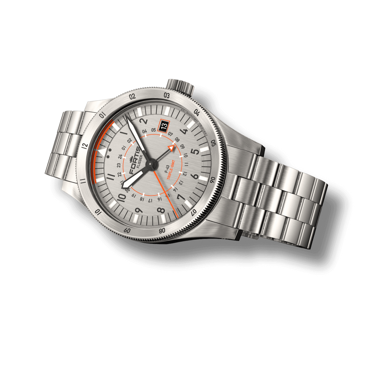 Flieger F-43 Triple-GMT Titanium Orange / Block Bracelet